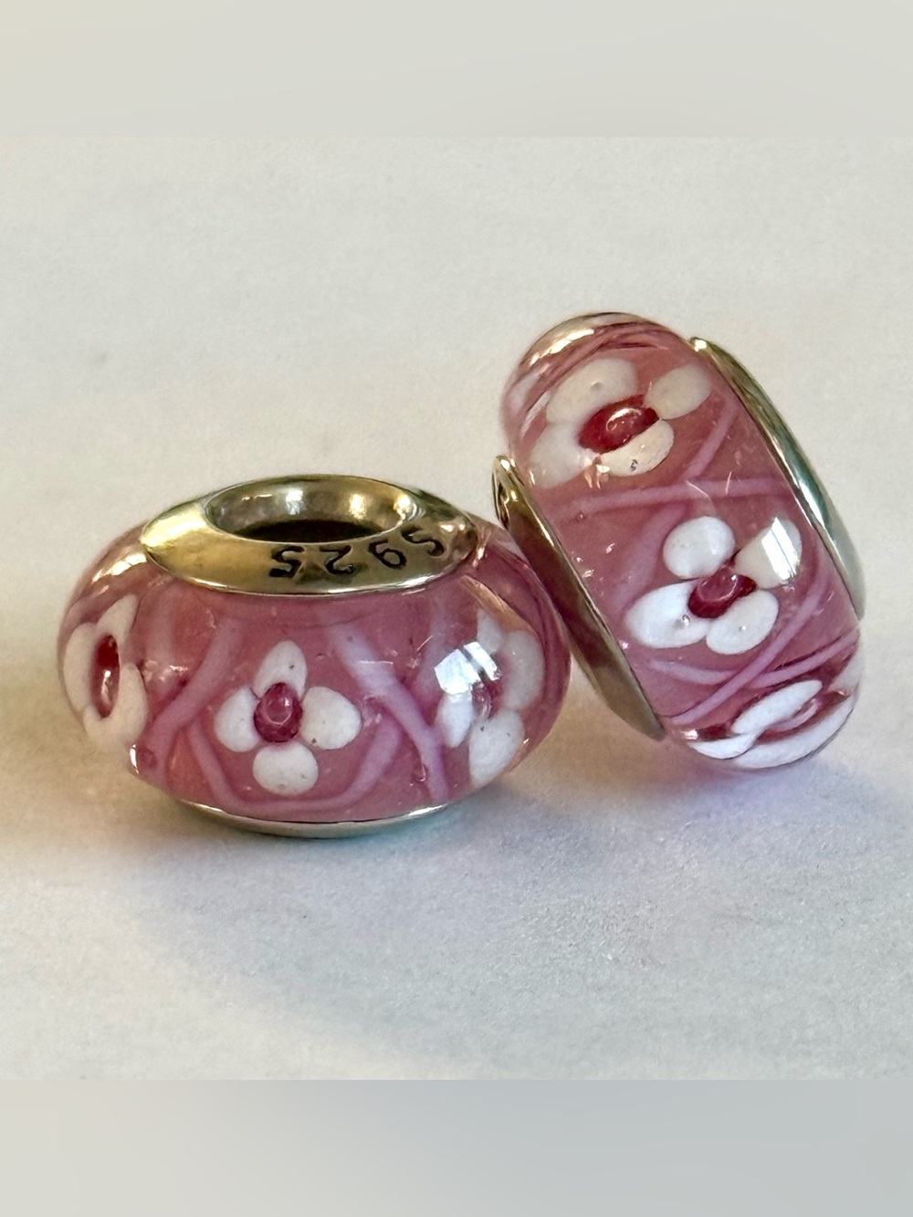 Pink and white Flowers Murano Glass Charms set fit Pandora bracelets
